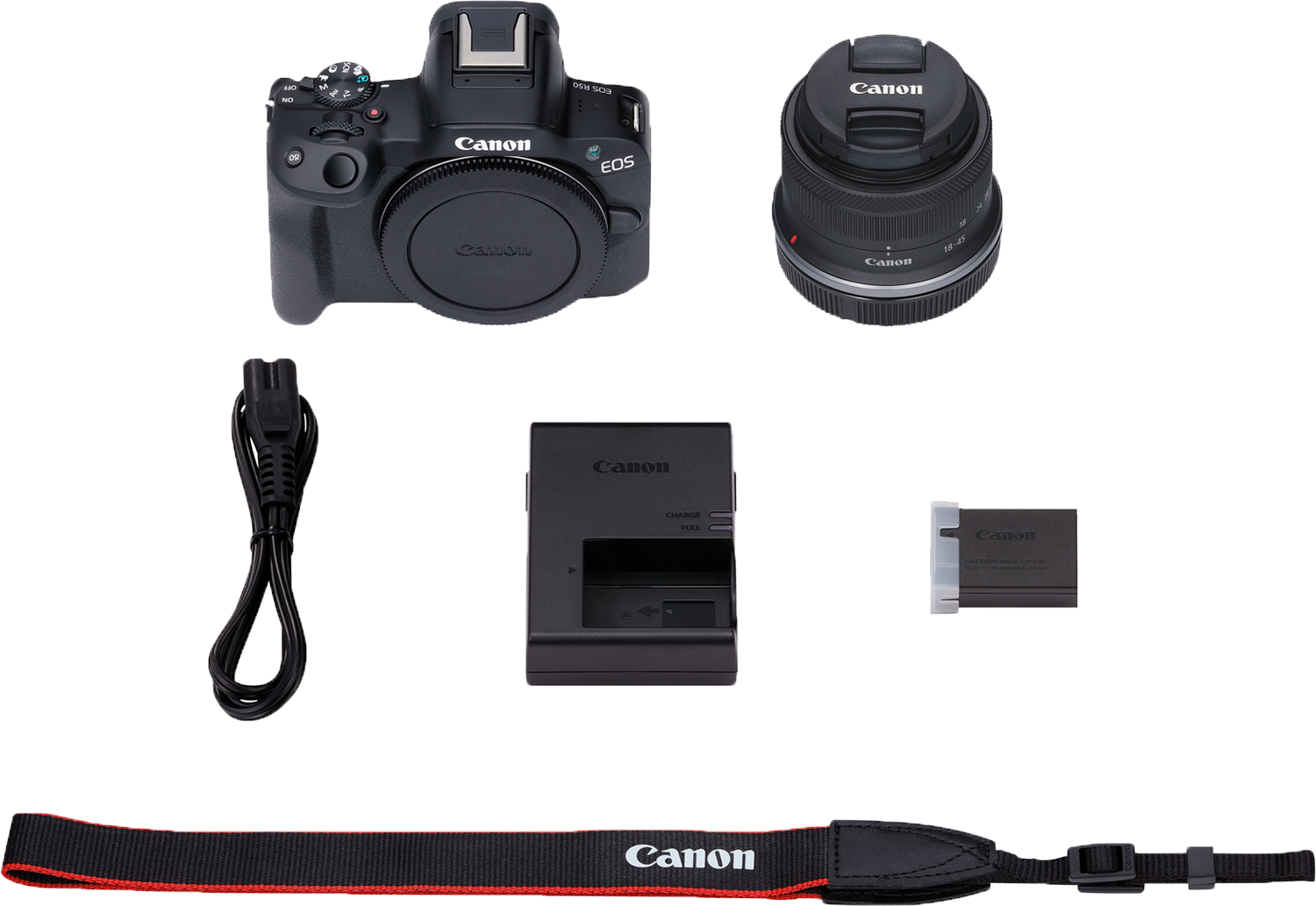 A Canon camera kit with a lens, charger, battery, strap, and cable on a white background.
