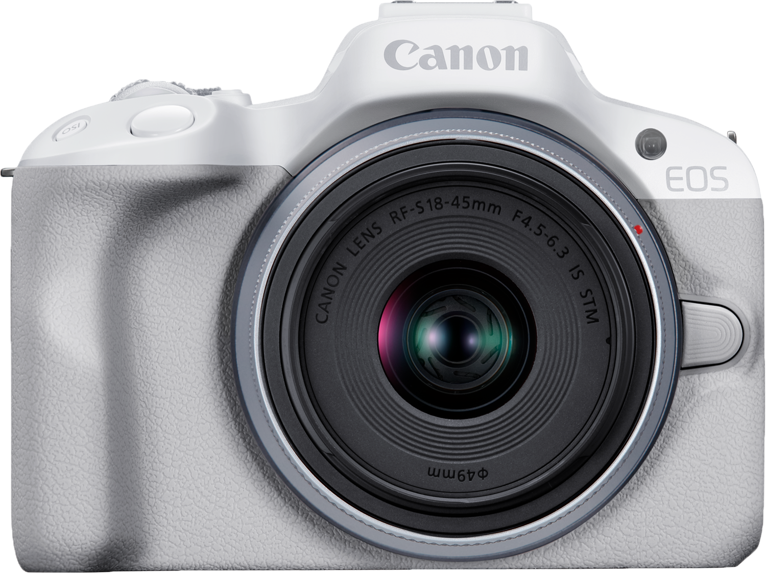 A white Canon EOS camera with a black lens, set against a white background.