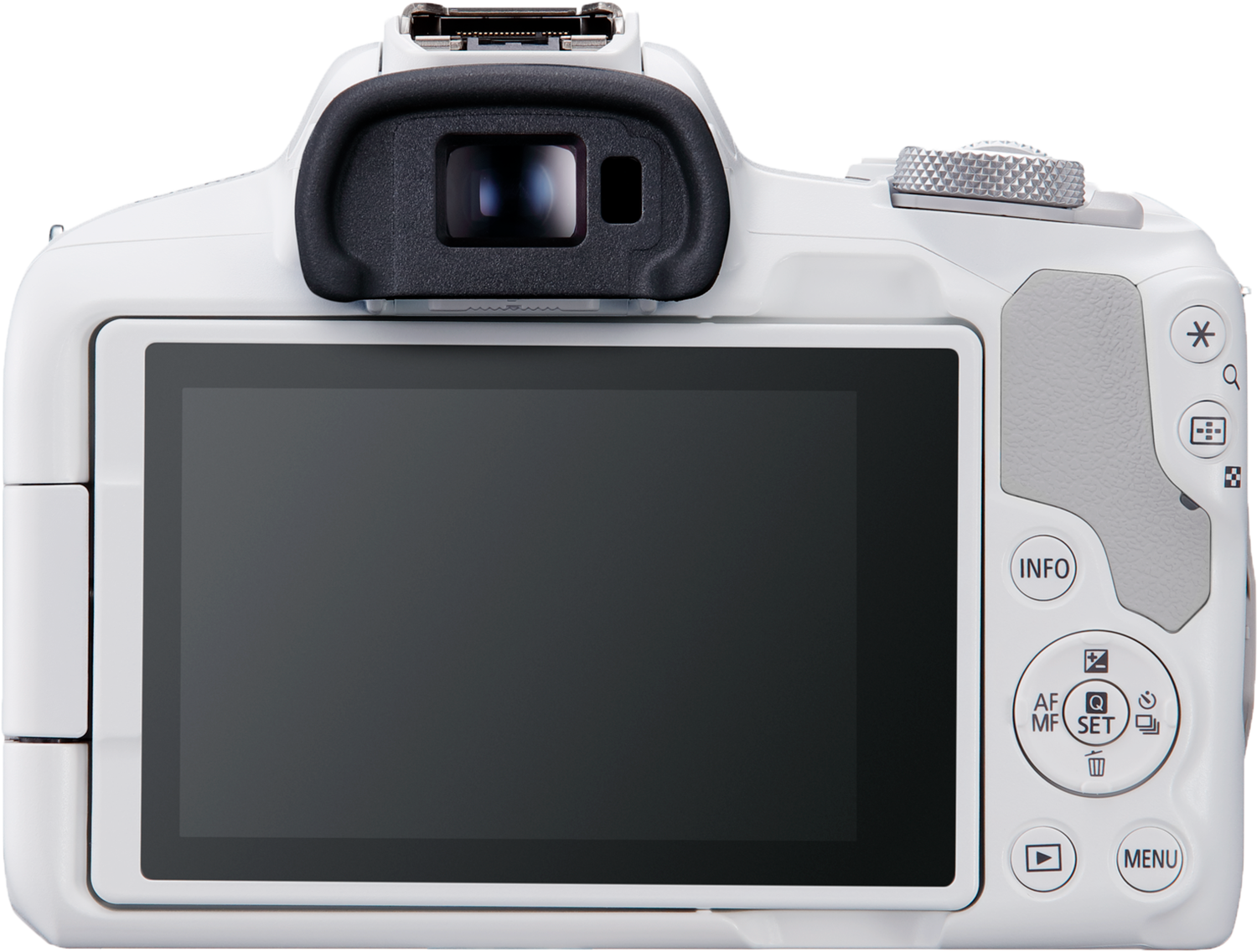 Back of a white camera with a black screen, info, AF, and menu buttons.