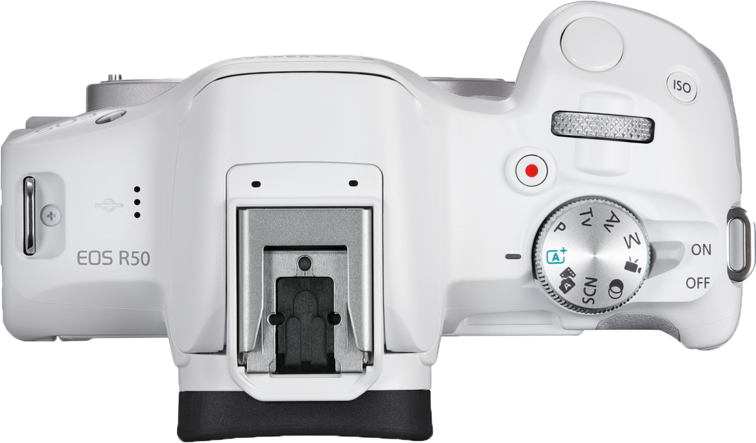 Top view of a white Canon EOS R50 camera. The dials and buttons are visible, showing the settings.
