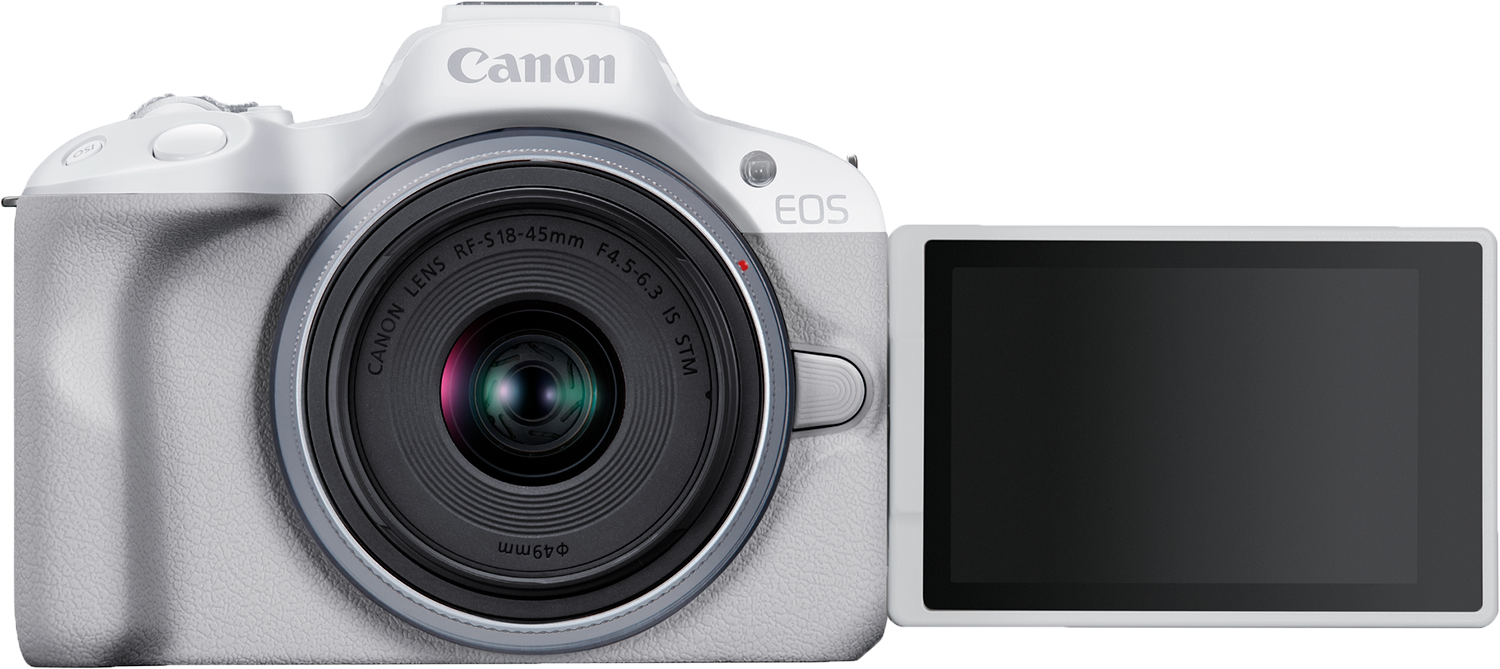A white Canon camera with a lens, a screen, and the Canon logo.