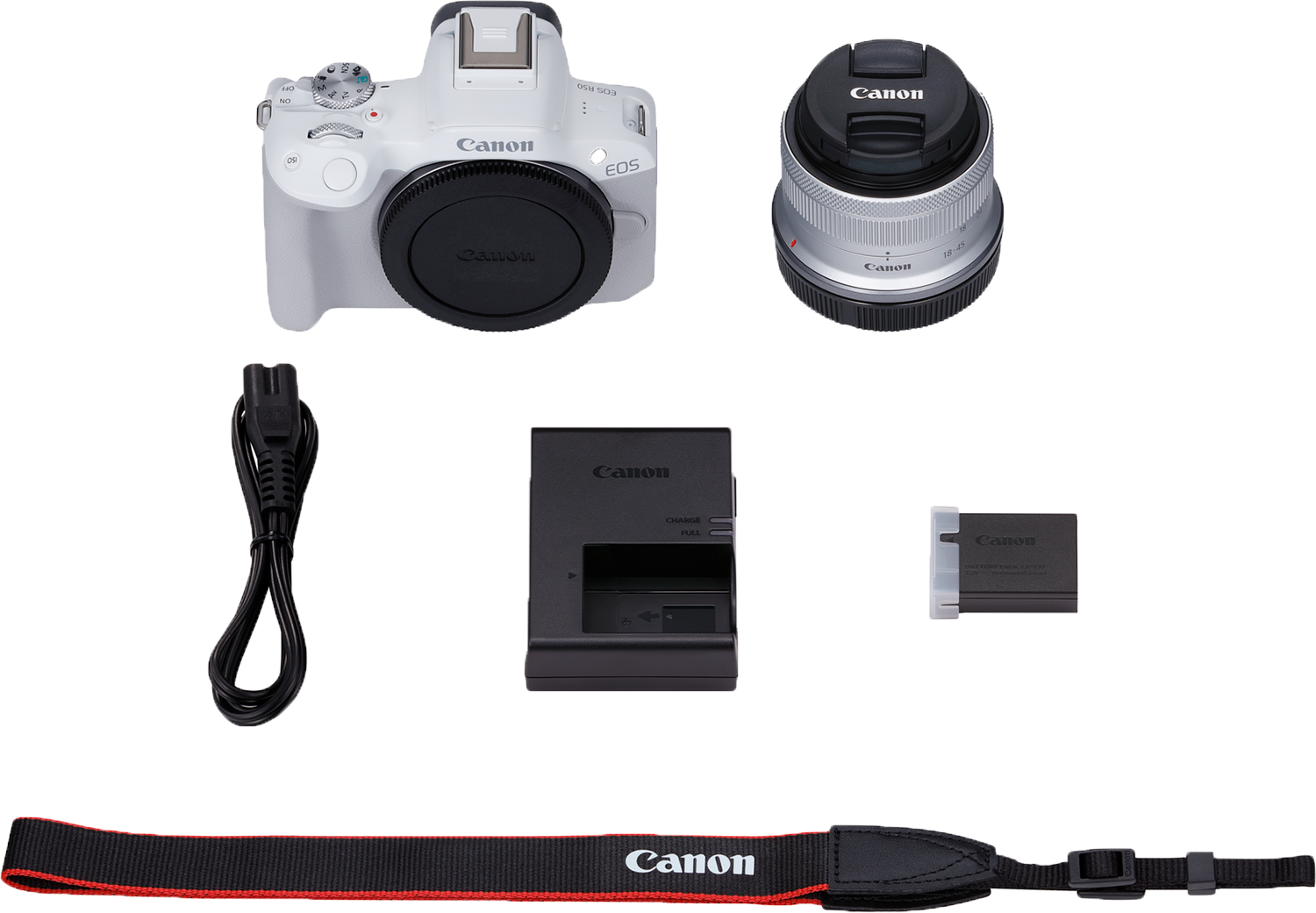 A white Canon EOS camera with accessories: lens, charger, battery, and strap. All objects are isolated.