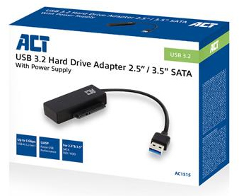 Une boîte blanche avec un adaptateur noir, un câble et un connecteur est affichée sur fond blanc.