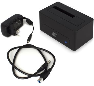 Black hard drive enclosure, power adapter, and USB cable on a white background. All components visible.