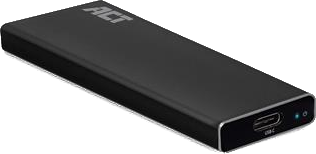 Disque dur externe noir ACT, avec port USB-C et témoin d'alimentation.