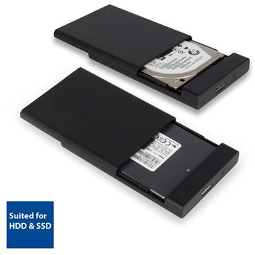 Deux boîtiers de disque dur externe noirs, un ouvert montrant un disque dur.