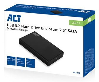 Boîte de boîtier de disque dur ACT USB 3.2 noir. Le produit est un boîtier SATA 2.5".