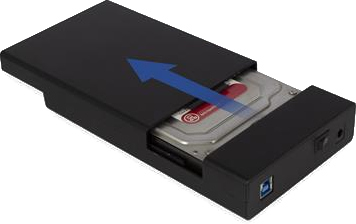 Boîtier de disque dur noir avec un disque dur argenté partiellement sorti.