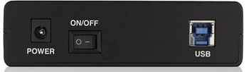 Appareil noir avec alimentation, interrupteur marche/arrêt et port USB.