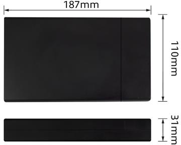 Une boîte noire avec des dimensions : 187 mm x 110 mm x 31 mm. Les dimensions sont fournies sur l'image.