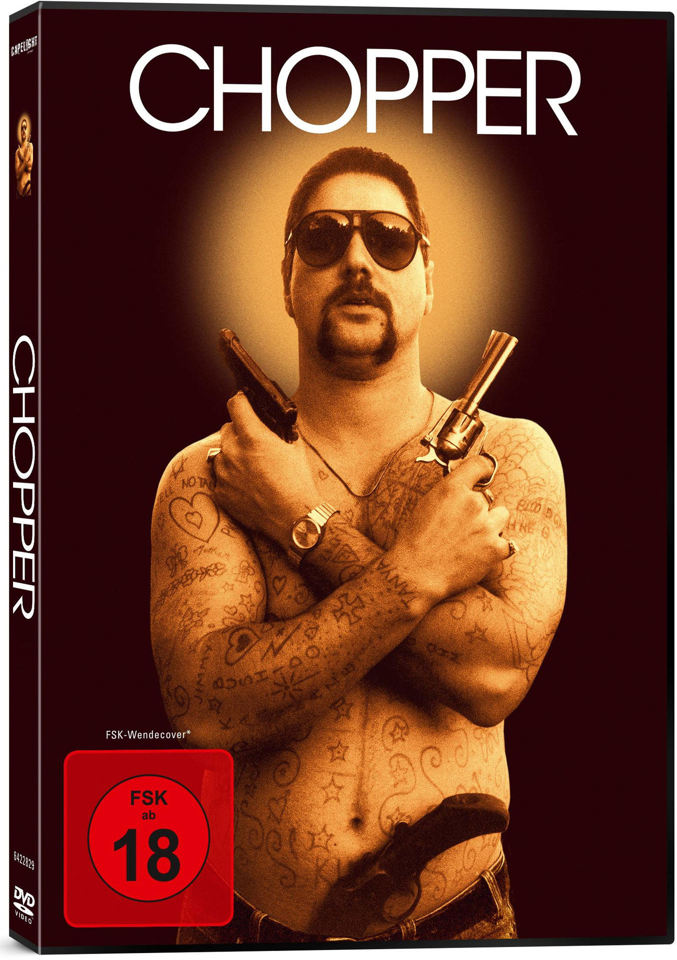 DVD-Cover eines Mannes mit Tattoos, der Pistolen hält, mit dem Wort CHOPPER.