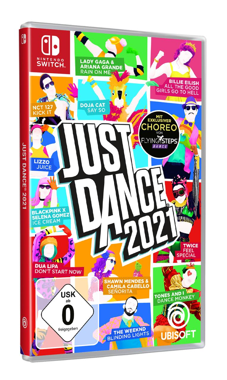 Nintendo Switch-Spielhülle 'Just Dance 2021' mit verschiedenen bunten Figuren und Bewertung.