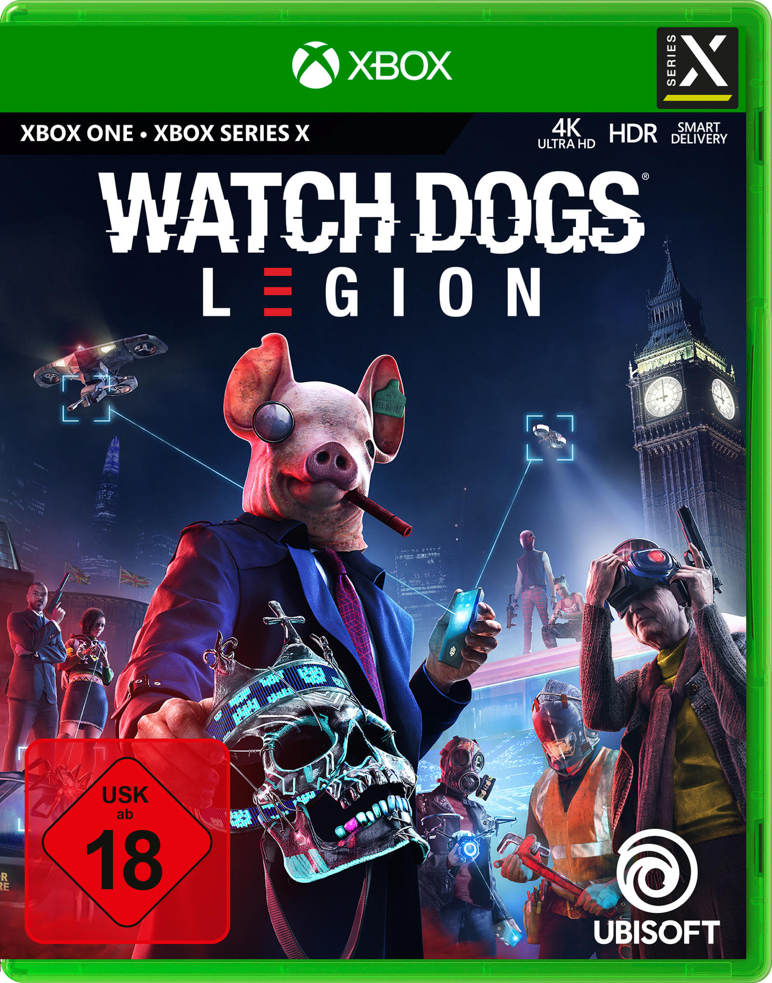 Das Spiel 'Watch Dogs Legion' für Xbox, mit einer schweinevermummten Figur auf dem Cover.