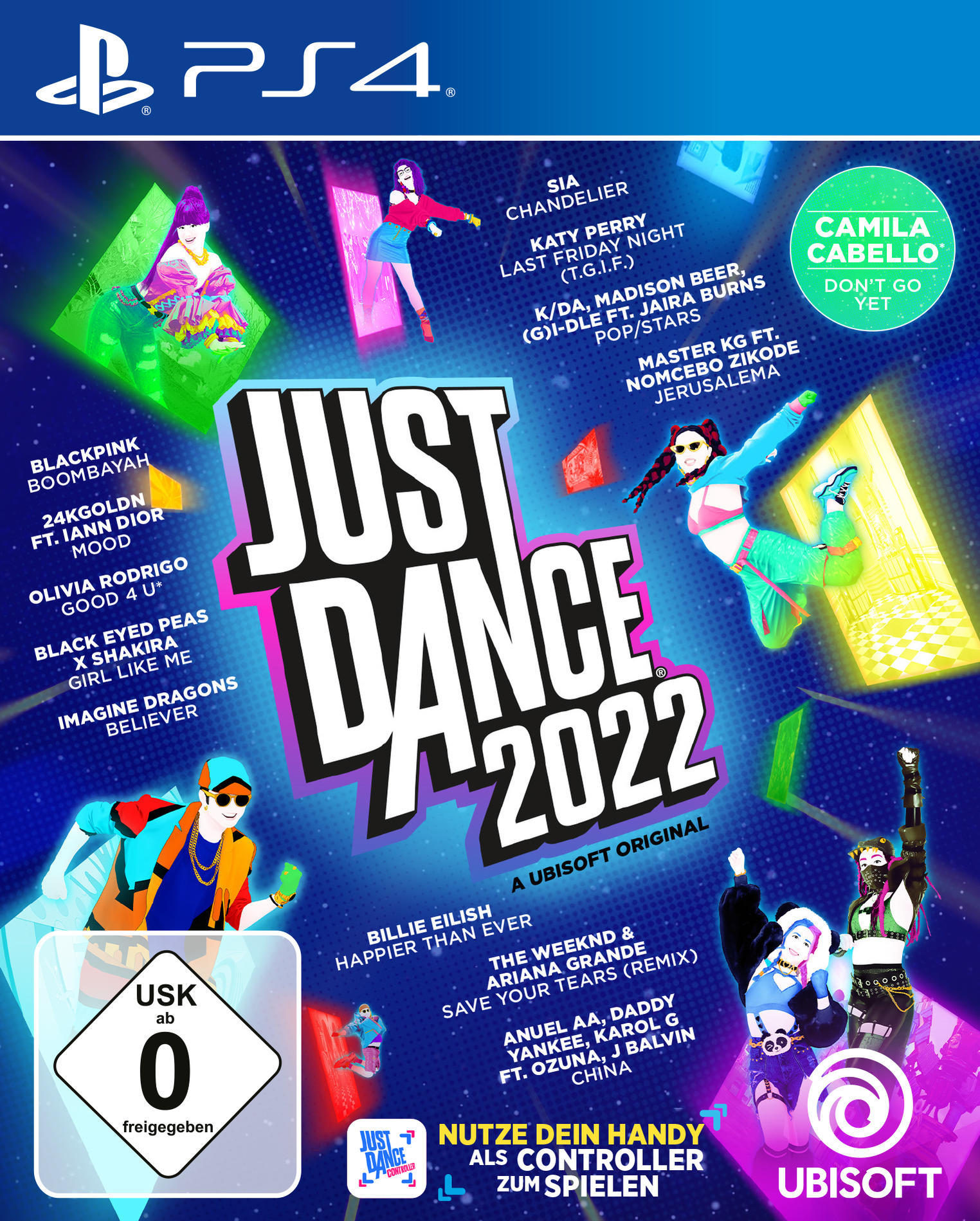 PS4-Spielcover. Just Dance 2022. Verschiedene Tänzer, Songtitel und Spiellogos.