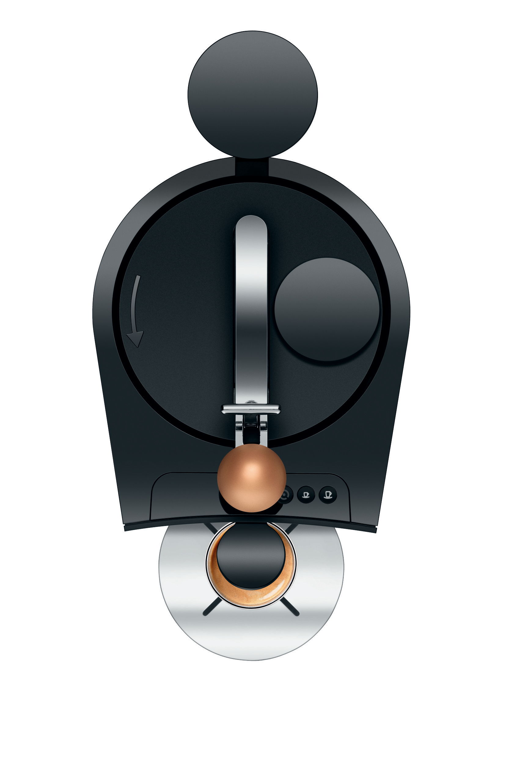 Draufsicht auf eine schwarze Kaffeemaschine mit einer Kaffeetasse vorne.