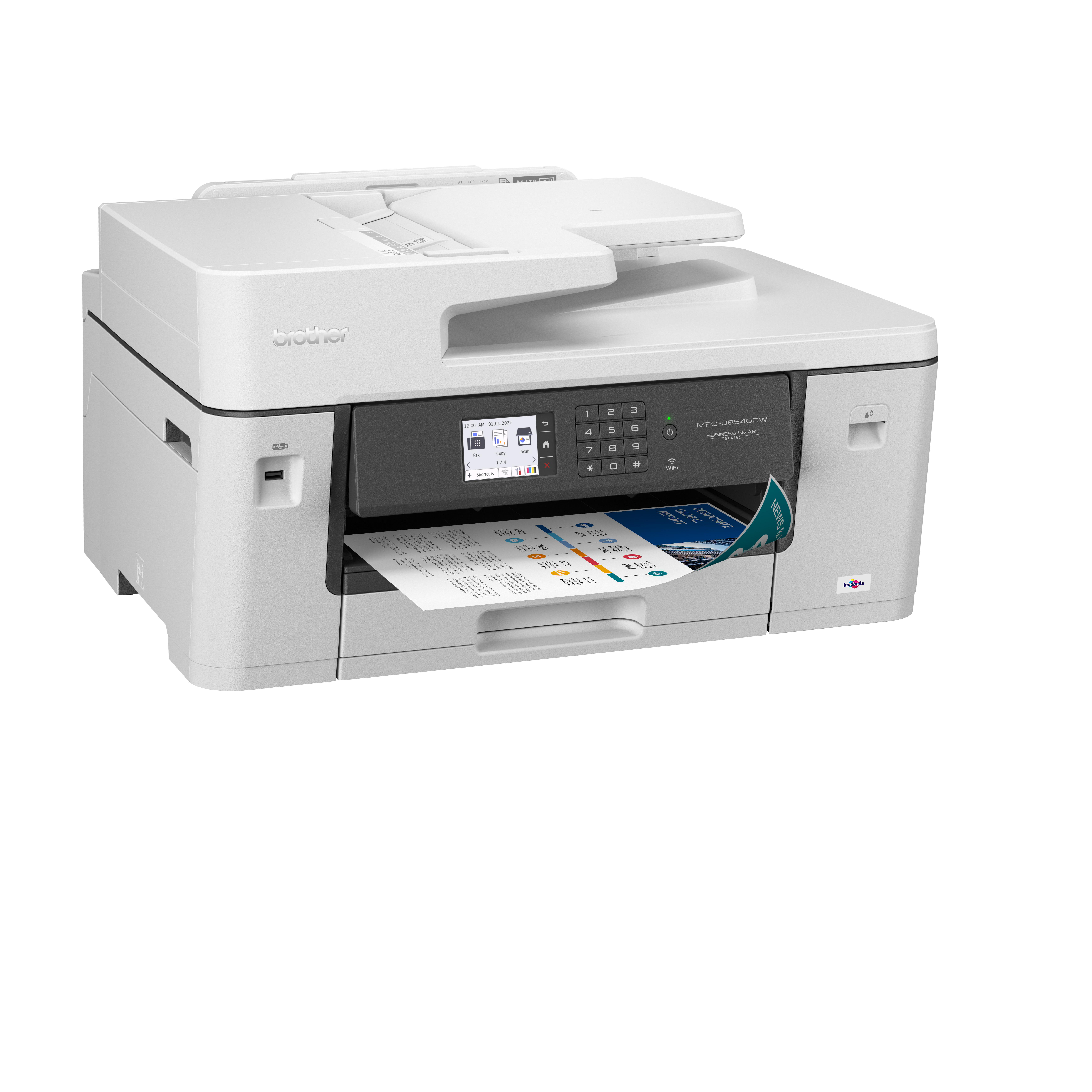 Ein weißer Multifunktionsdrucker mit einem Dokument im Fach und einem Bildschirm mit Informationen.