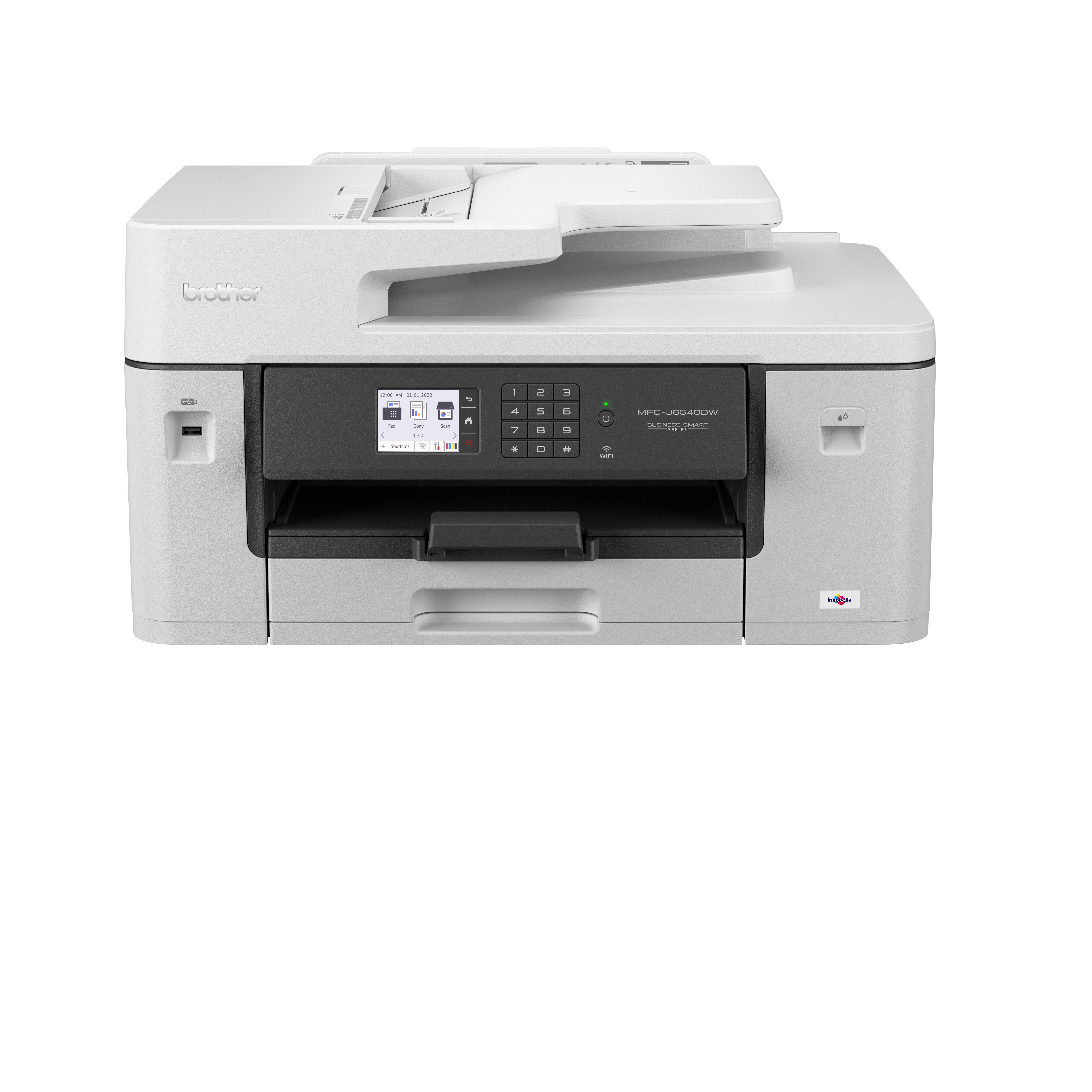 Weißer und schwarzer Drucker auf weißem Hintergrund. Er hat einen Scanner und ein Display.
