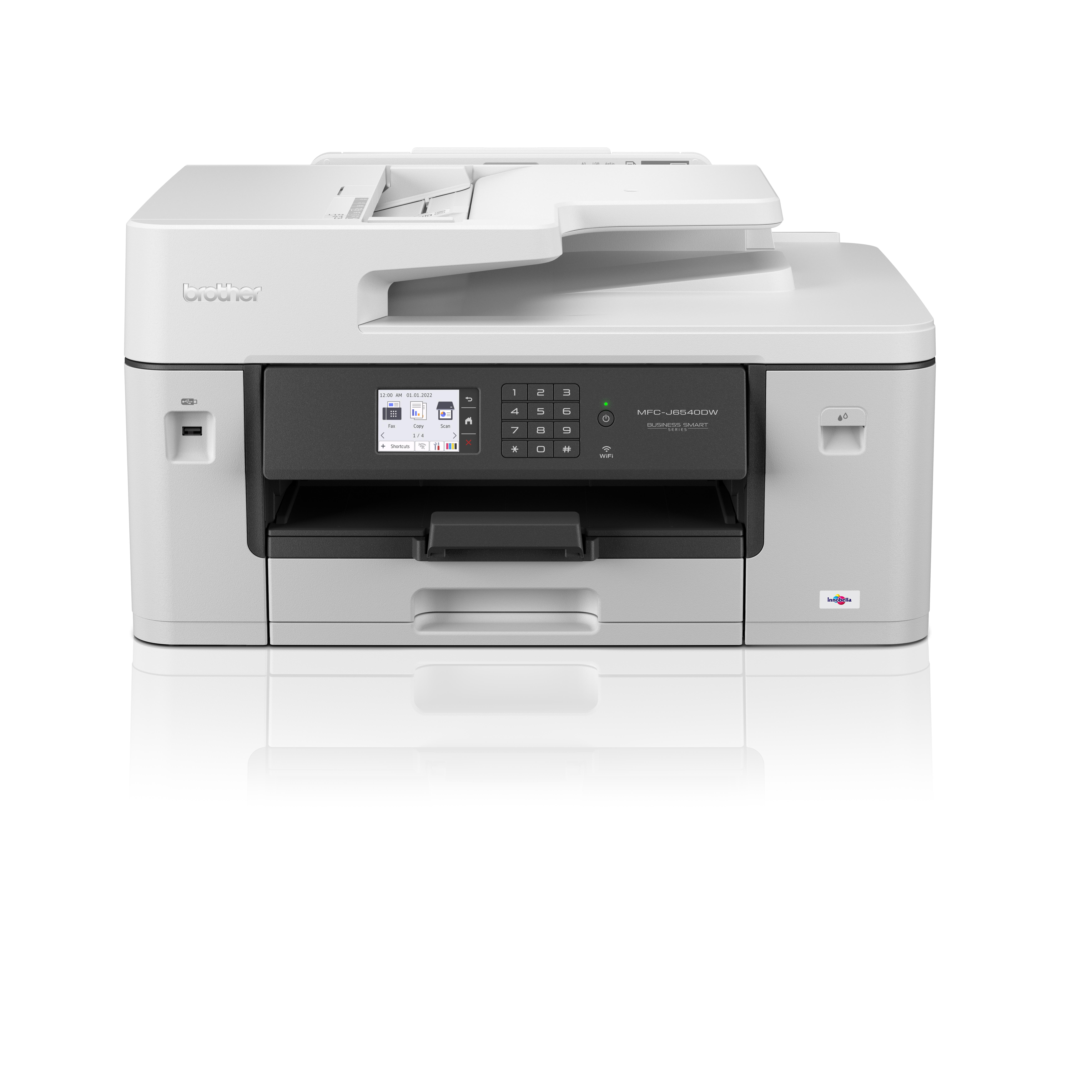 Ein weißer Brother-Drucker mit oberer Zufuhr, Bedienfeld und unterer Papierablage.