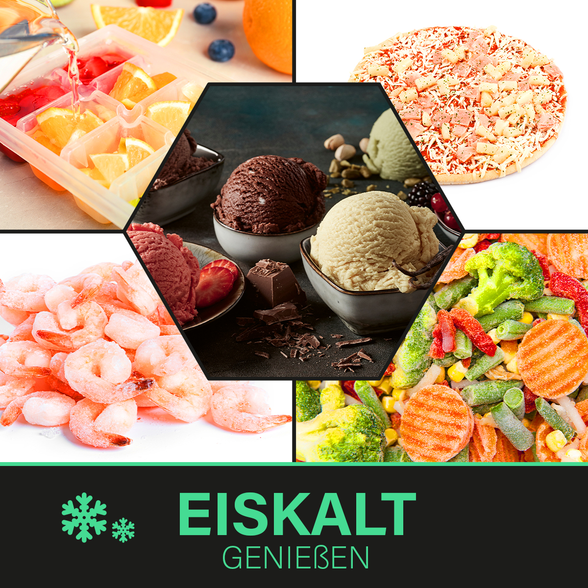 Eine Collage von Lebensmitteln, darunter Eiswürfel mit Obst, Eis, Pizza und Gemüse.