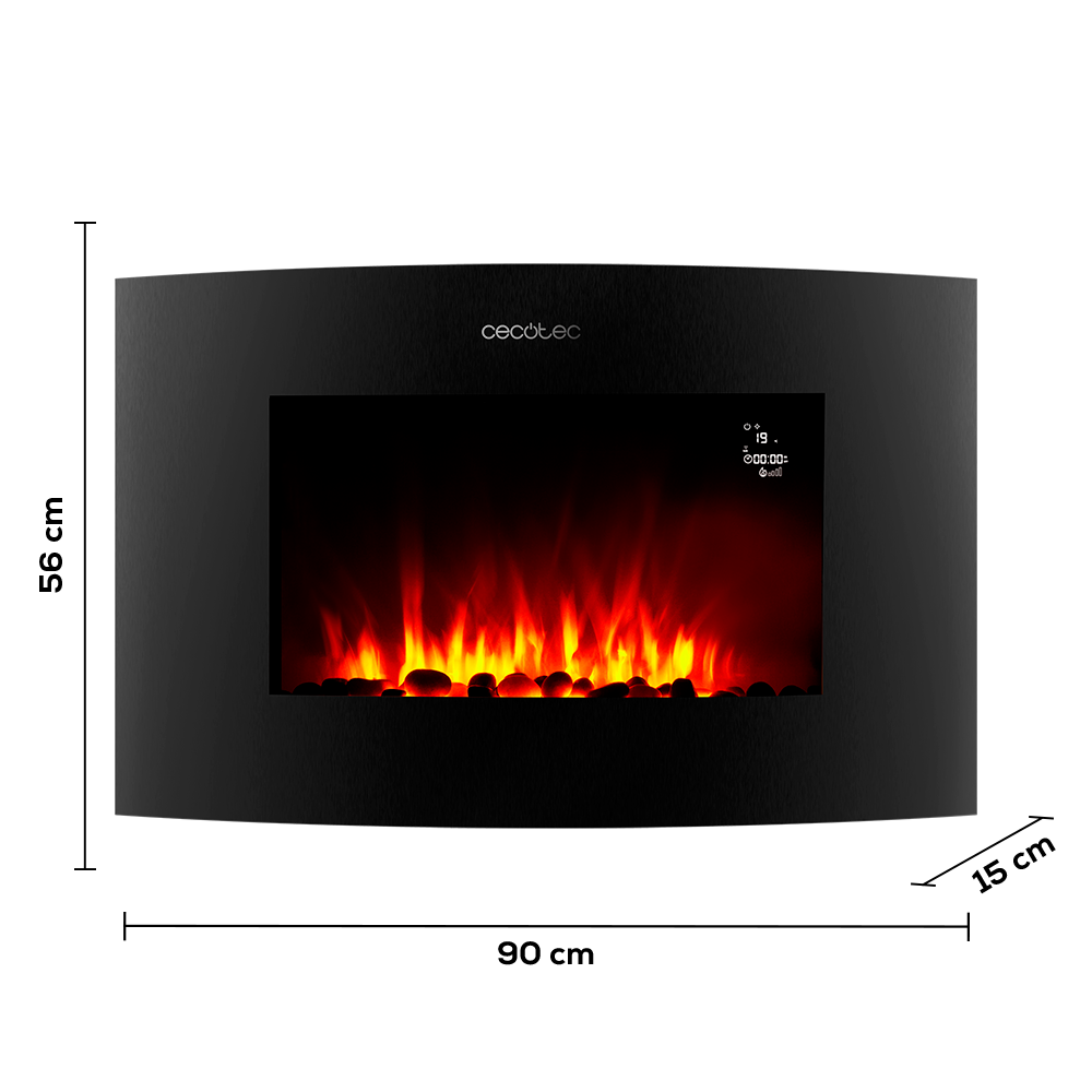 Chimenea eléctrica negra con efecto llama. Tiene una pantalla que muestra la hora y la configuración. La marca es Cecotec.