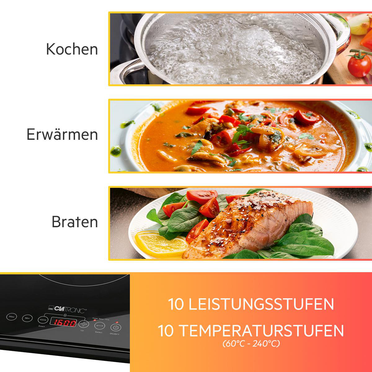 Kochbilder: kochendes Wasser, Suppe, gegrillter Lachs und ein Induktionskochfeld mit Einstellungen.