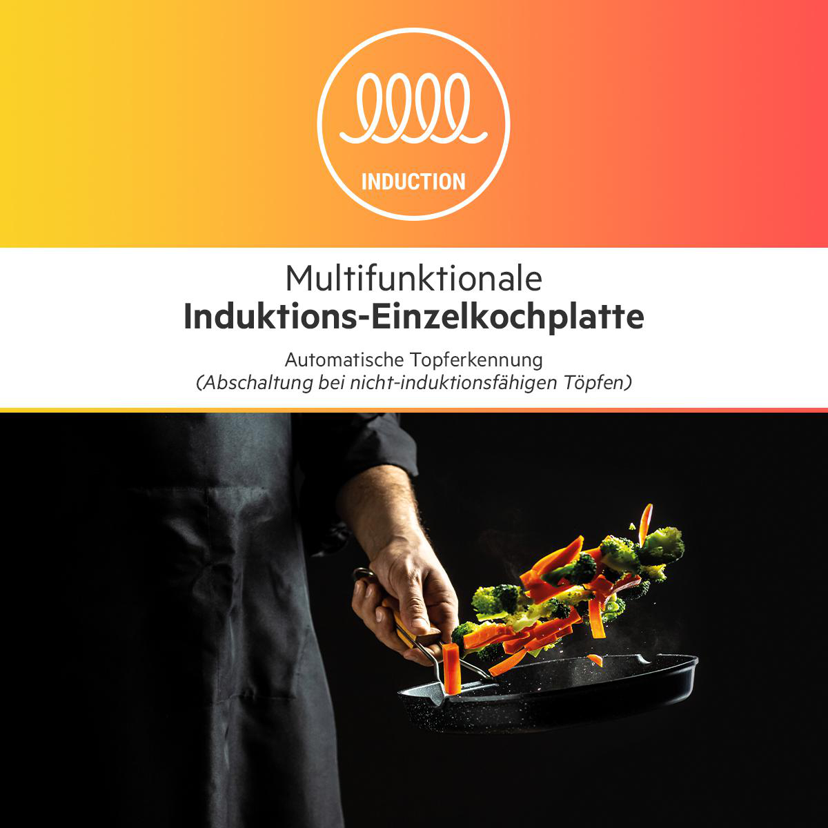 Eine Person wirft Gemüse aus einer Pfanne. Der Hintergrund ist dunkel mit einem Induktionslogo.