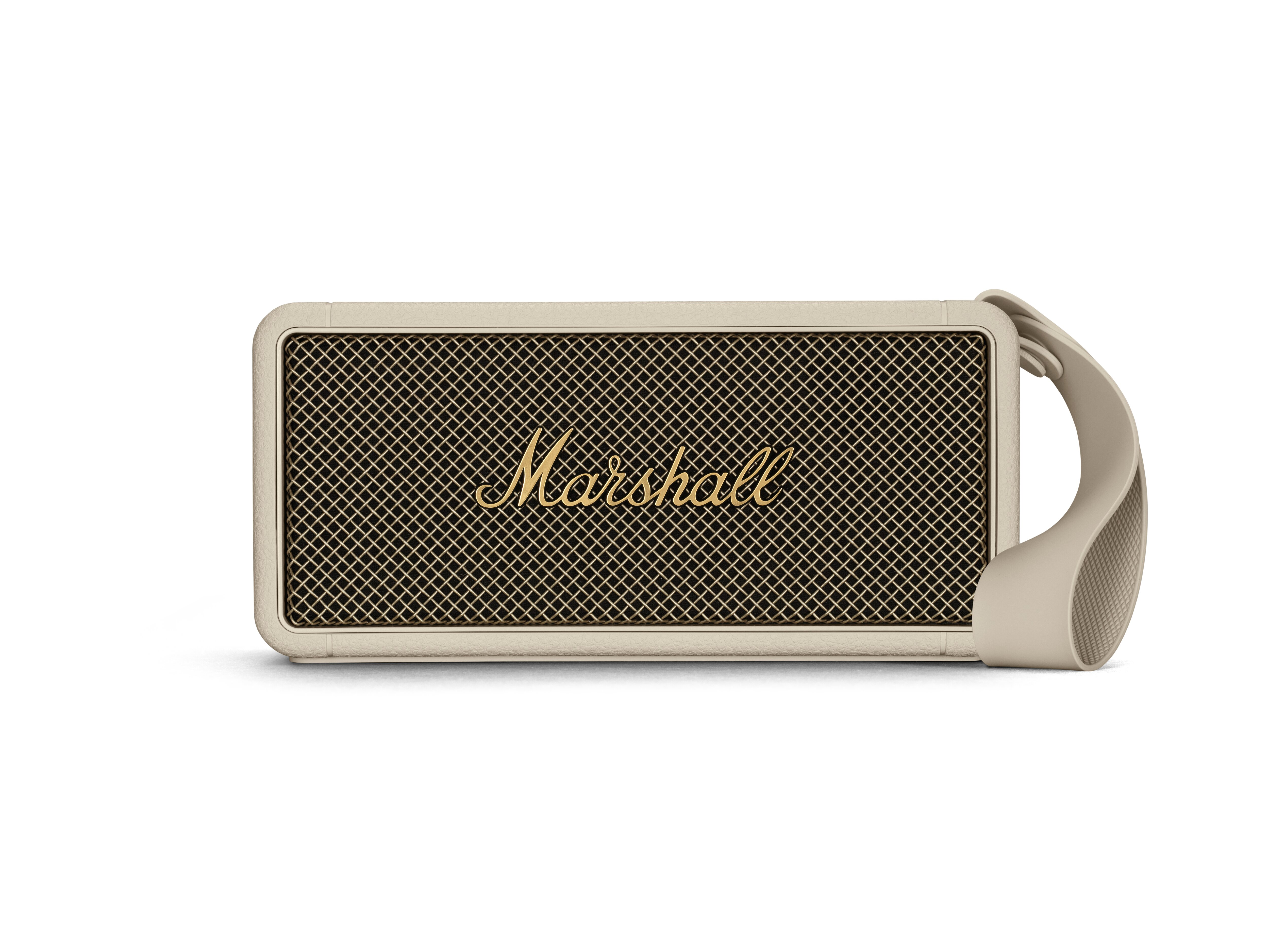Ein beigefarbener Marshall-Lautsprecher mit Mesh-Front und Griff auf weißem Grund.
