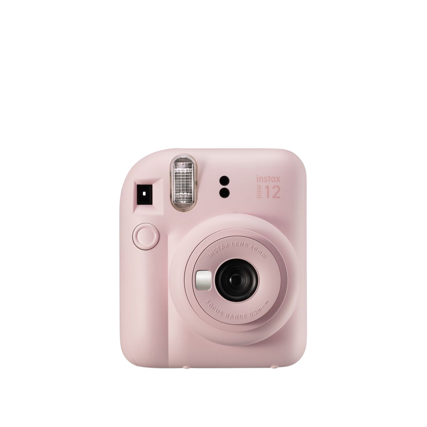 Roze Instax Mini 12 instant camera. Zwarte lens, flitser en knoppen. Zwarte achtergrond.