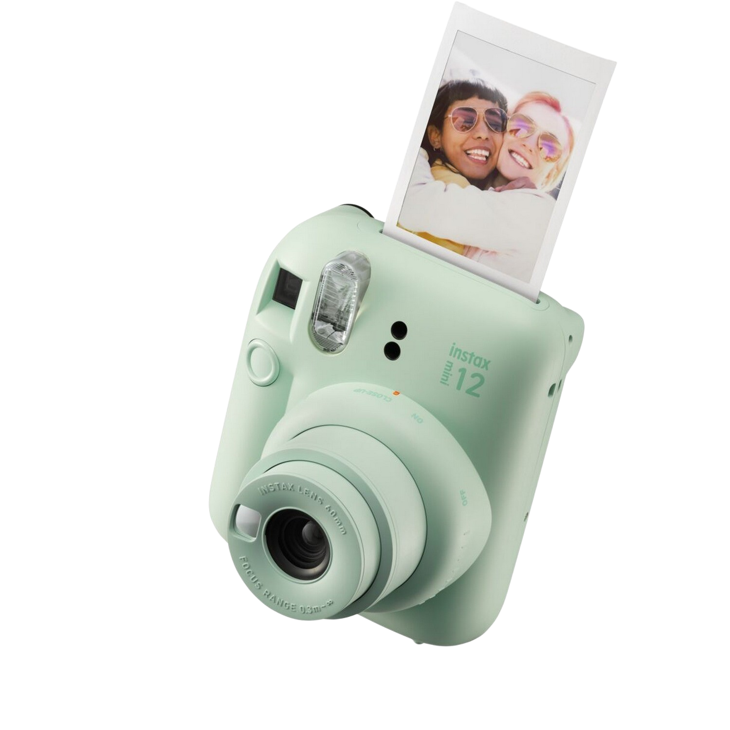 Een mintgroene Instax Mini 12 camera met een foto van twee vrouwen.