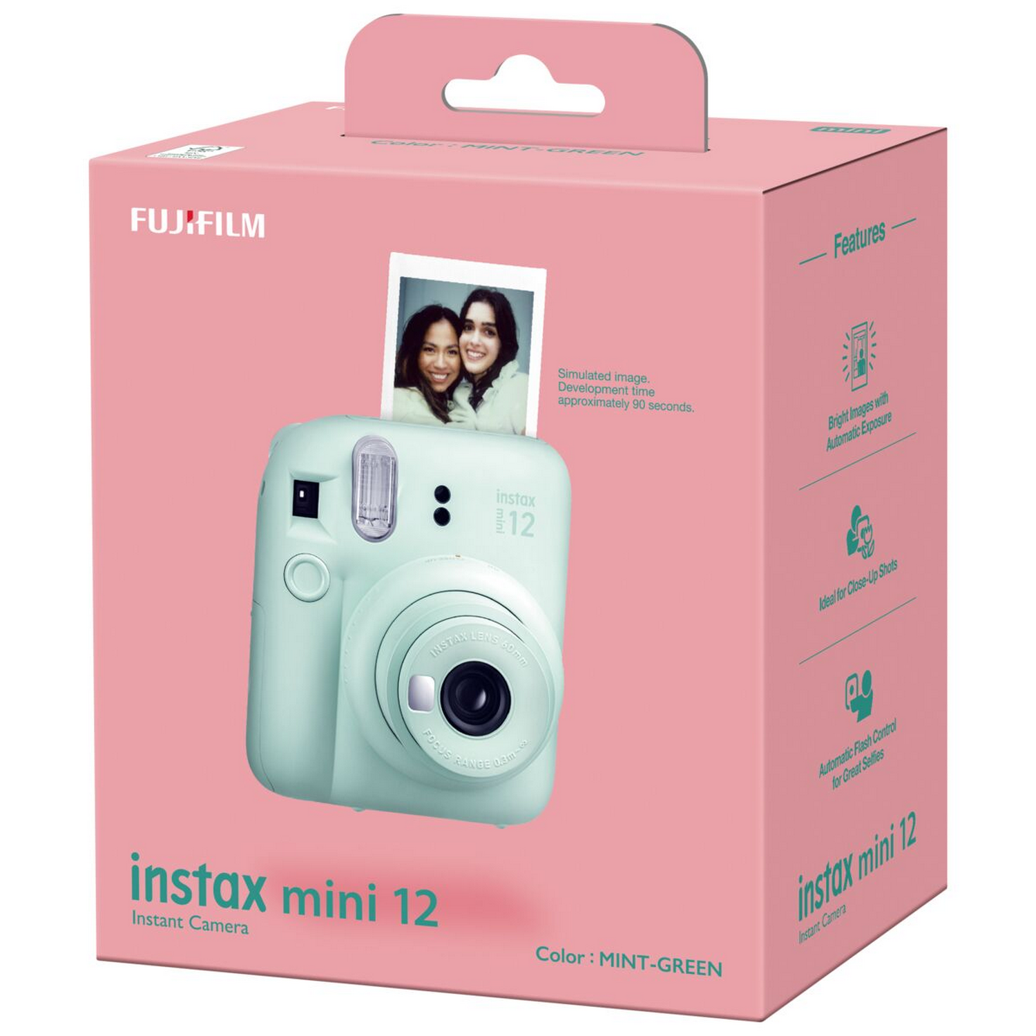 Mintgroene Instax mini 12 camera in de doos. Afbeelding van twee mensen op de doos.