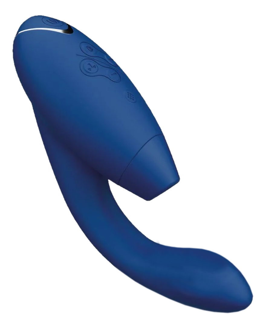 Jouet sexuel bleu, design incurvé, boutons sur le dessus, isolé sur fond noir.