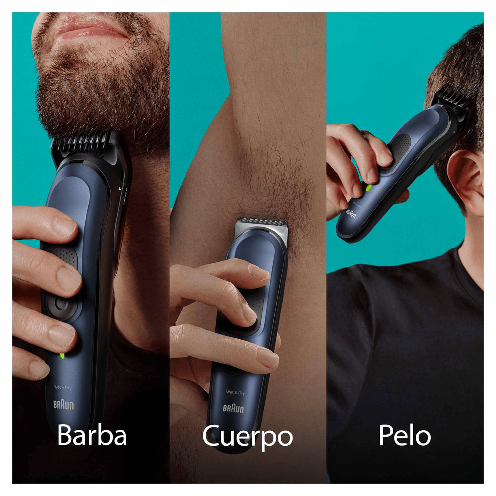 Tres imágenes de una recortadora recortando vello facial, corporal y capilar.