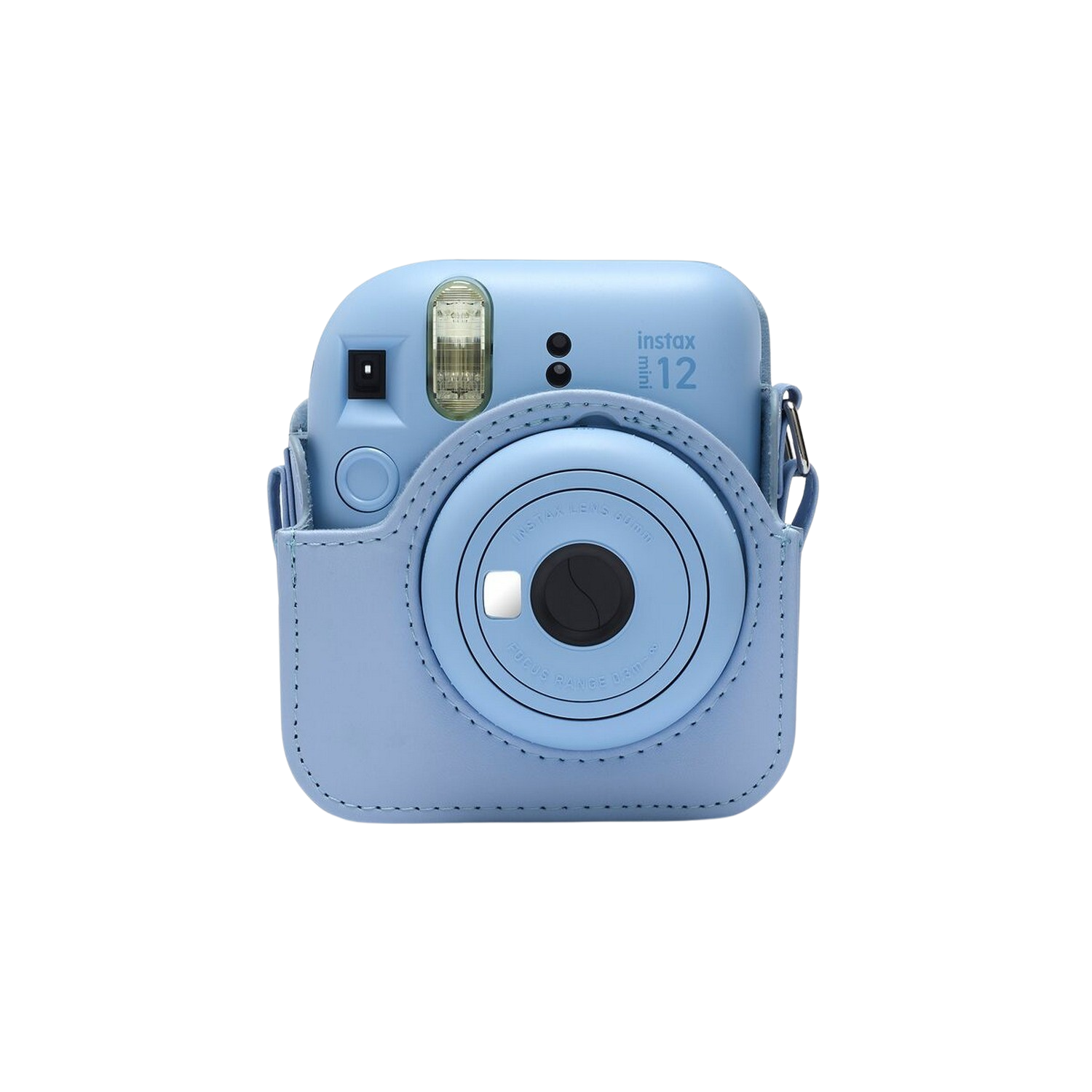 A light blue Instax Mini 12 camera in a matching case against a black background.