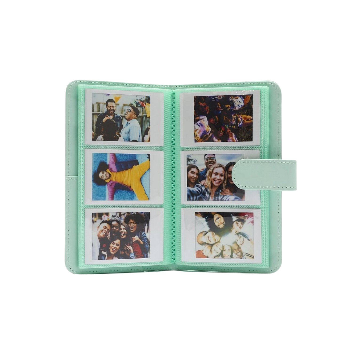 Mint-colored photo album opened, showing six photos of people.