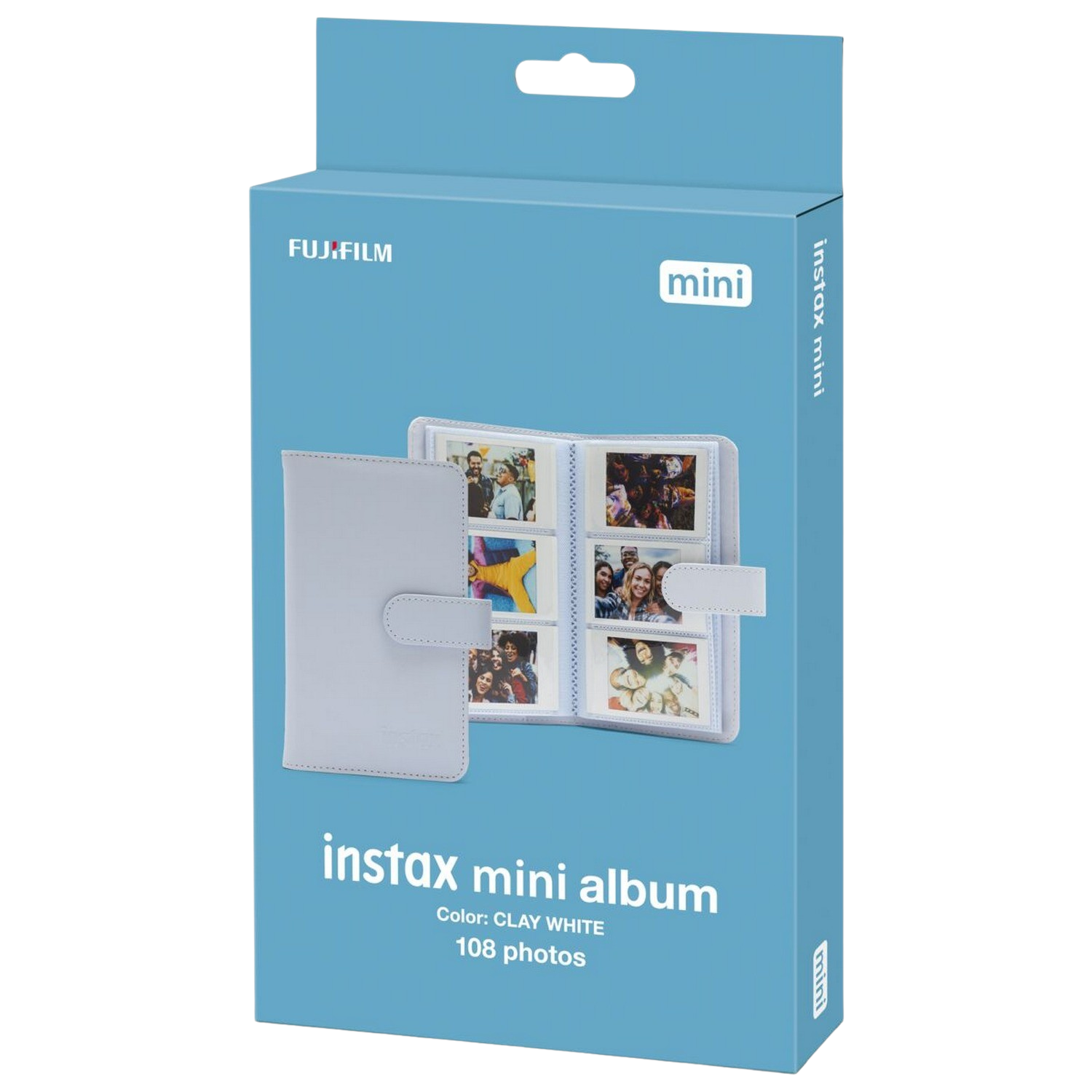 Een lichtblauwe doos met een instax mini album. Het album is lichtgrijs met foto's.