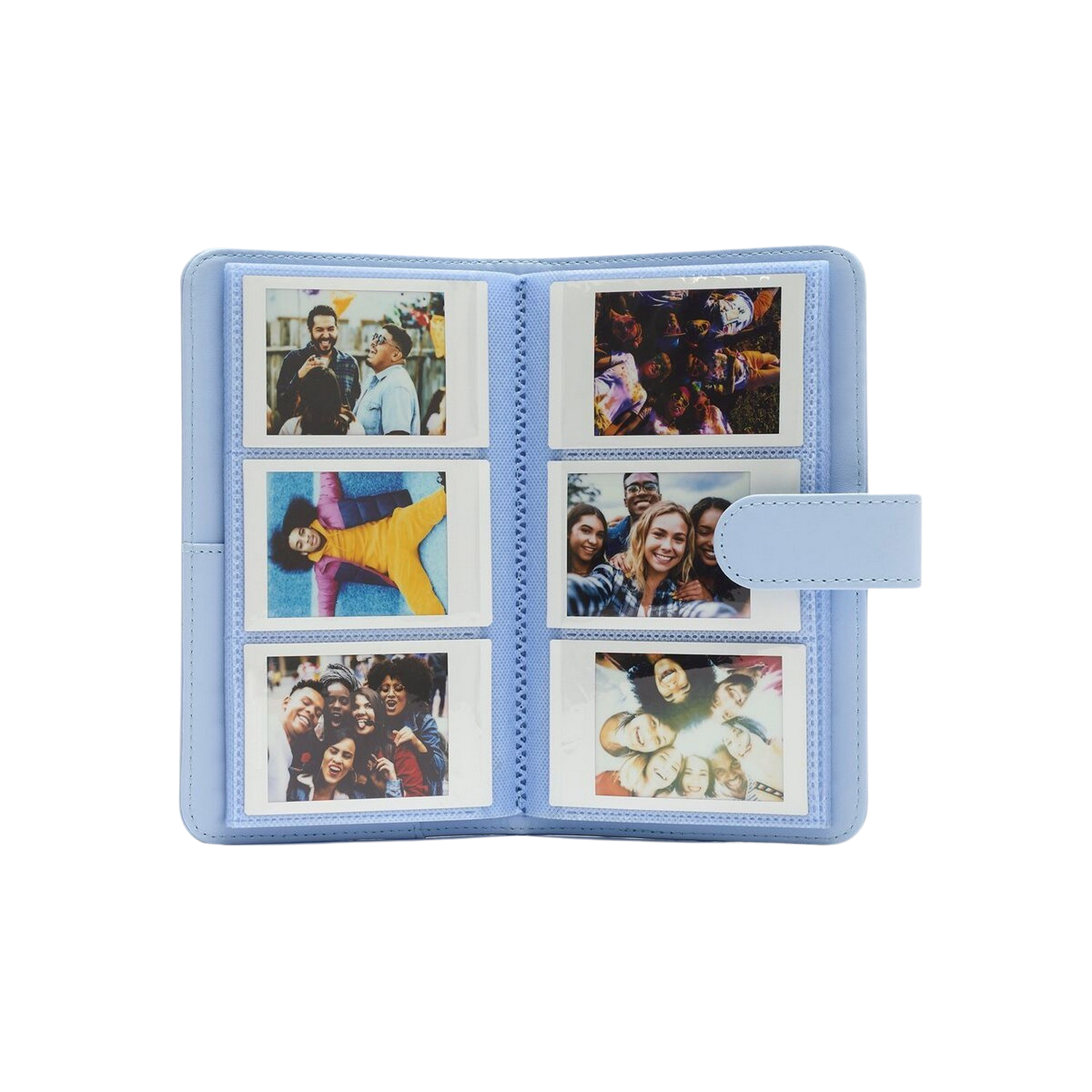 Light blue photo album with photos inside. Open with six photos, faces of friends.
