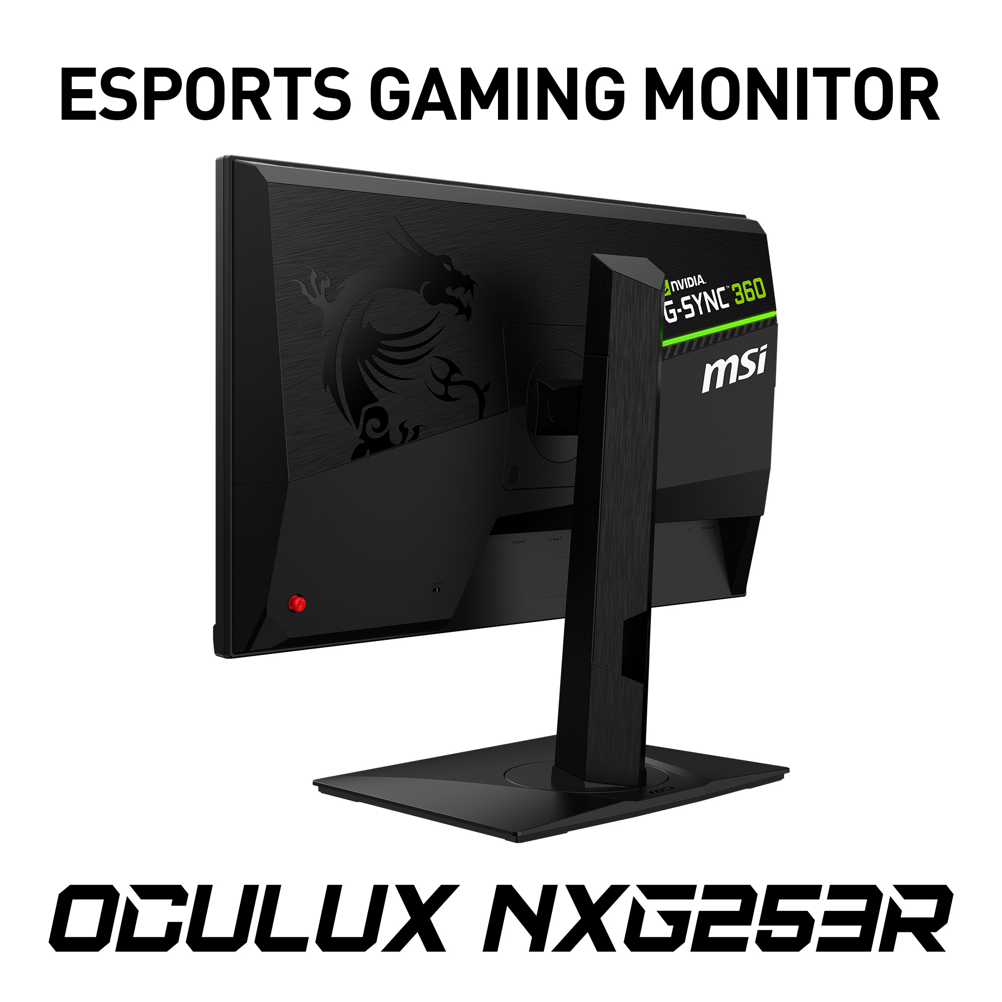 Ein schwarzer MSI Gaming-Monitor auf weißem Hintergrund, die Rückseite sichtbar.