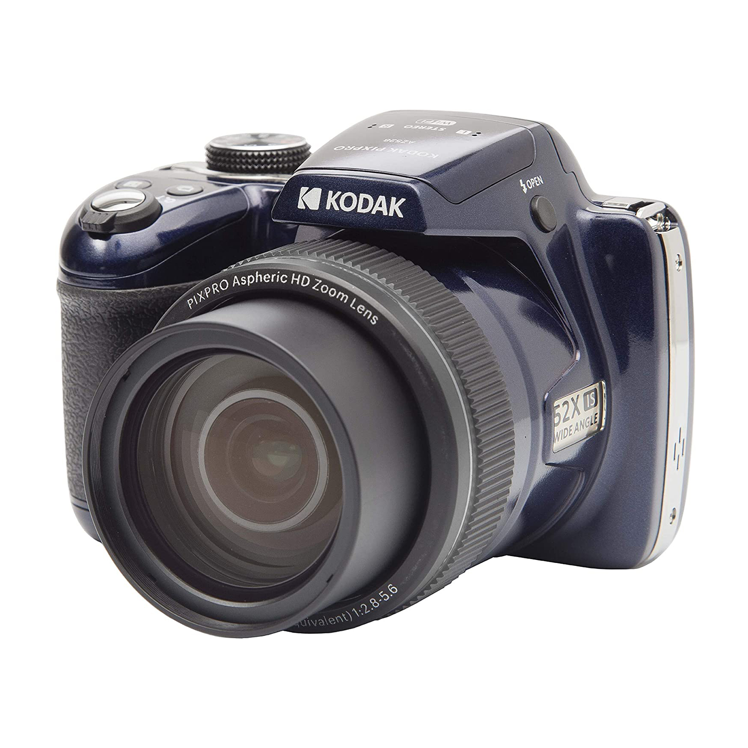 Una fotocamera Kodak Pixpro blu navy con un obiettivo grande. È angolata e ha finiture argentate.