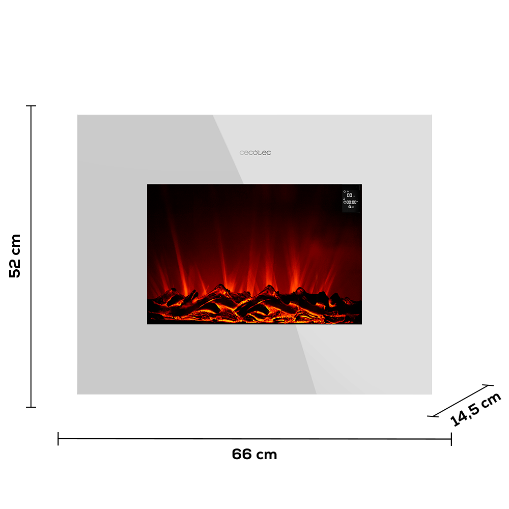 Chimenea eléctrica con marco blanco. Cuenta con una pantalla digital y llamas simuladas en naranja y rojo.