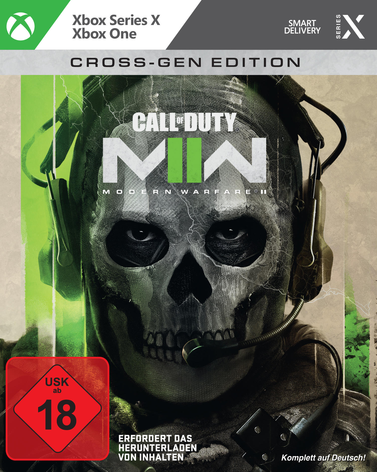Call of Duty: Modern Warfare II Spielcover, Totenkopf, Grüntöne, Xbox Series X.