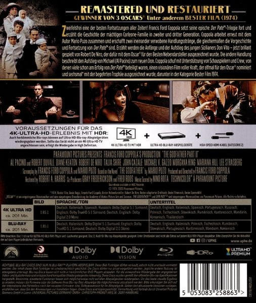 Rückseite der DVD "Der Pate II". Enthält Fotos der Besetzung, Credits und eine Inhaltsangabe.