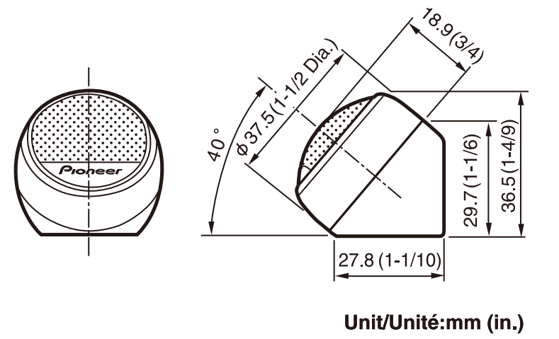 A Pioneer hangszóró diagramja mm-ben és fokokban megadott méretekkel. A Pioneer logója látható.