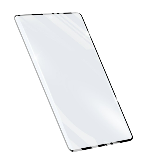 Glas-Displayschutz für ein Telefon, abgewinkelt vor schwarzem Hintergrund.