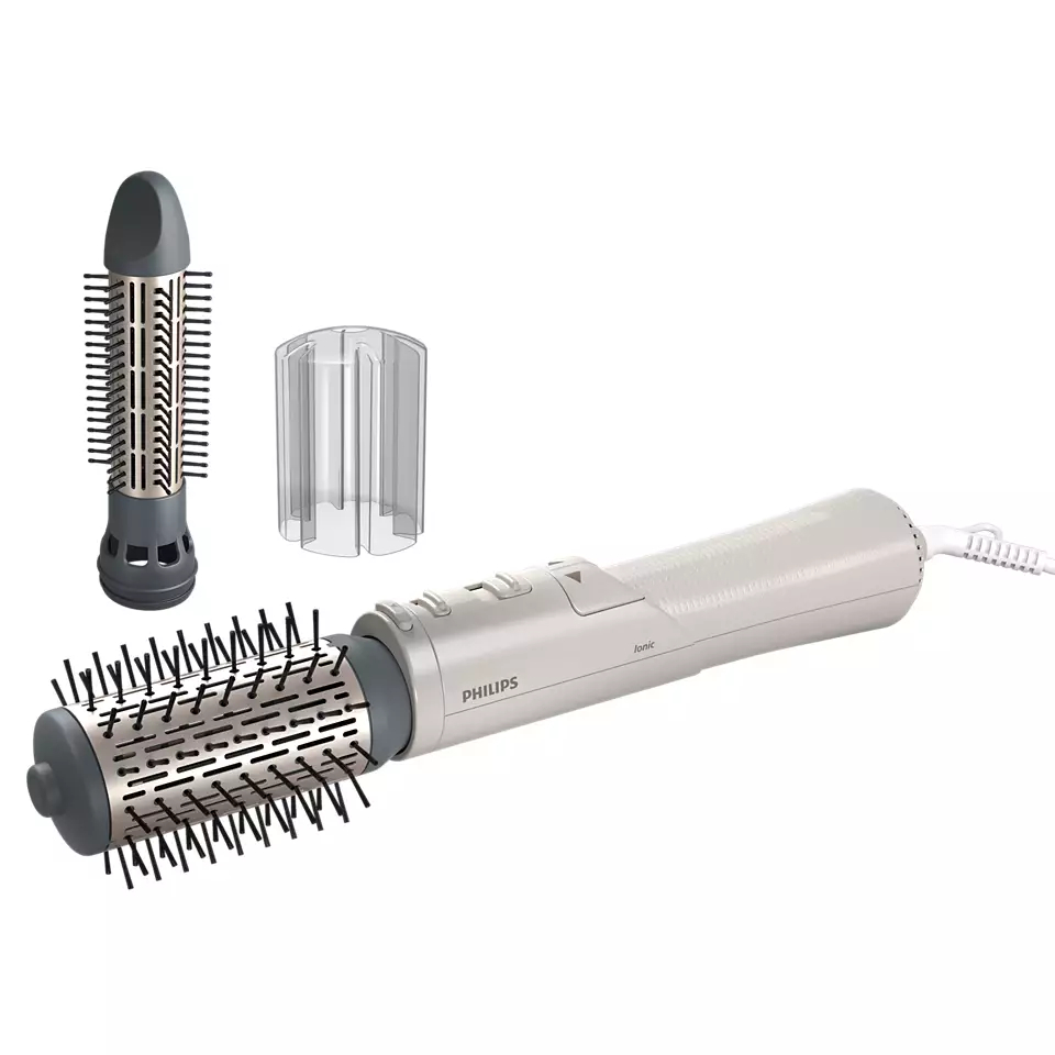 Philips Haarstyler mit Aufsätzen. Grau und weiß, mit Bürste, Rundbürste und klarer Abdeckung.