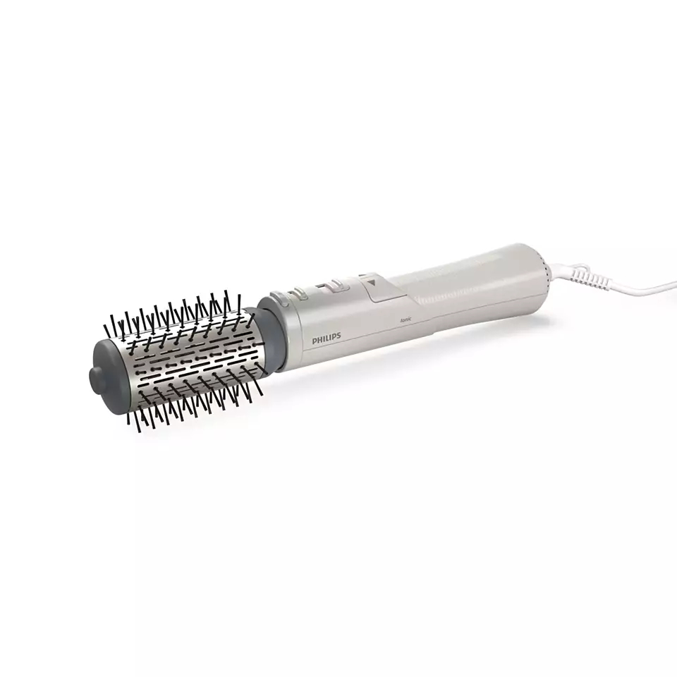 Haarstylingbürste, grau und weiß, mit rotierendem Bürstenkopf.