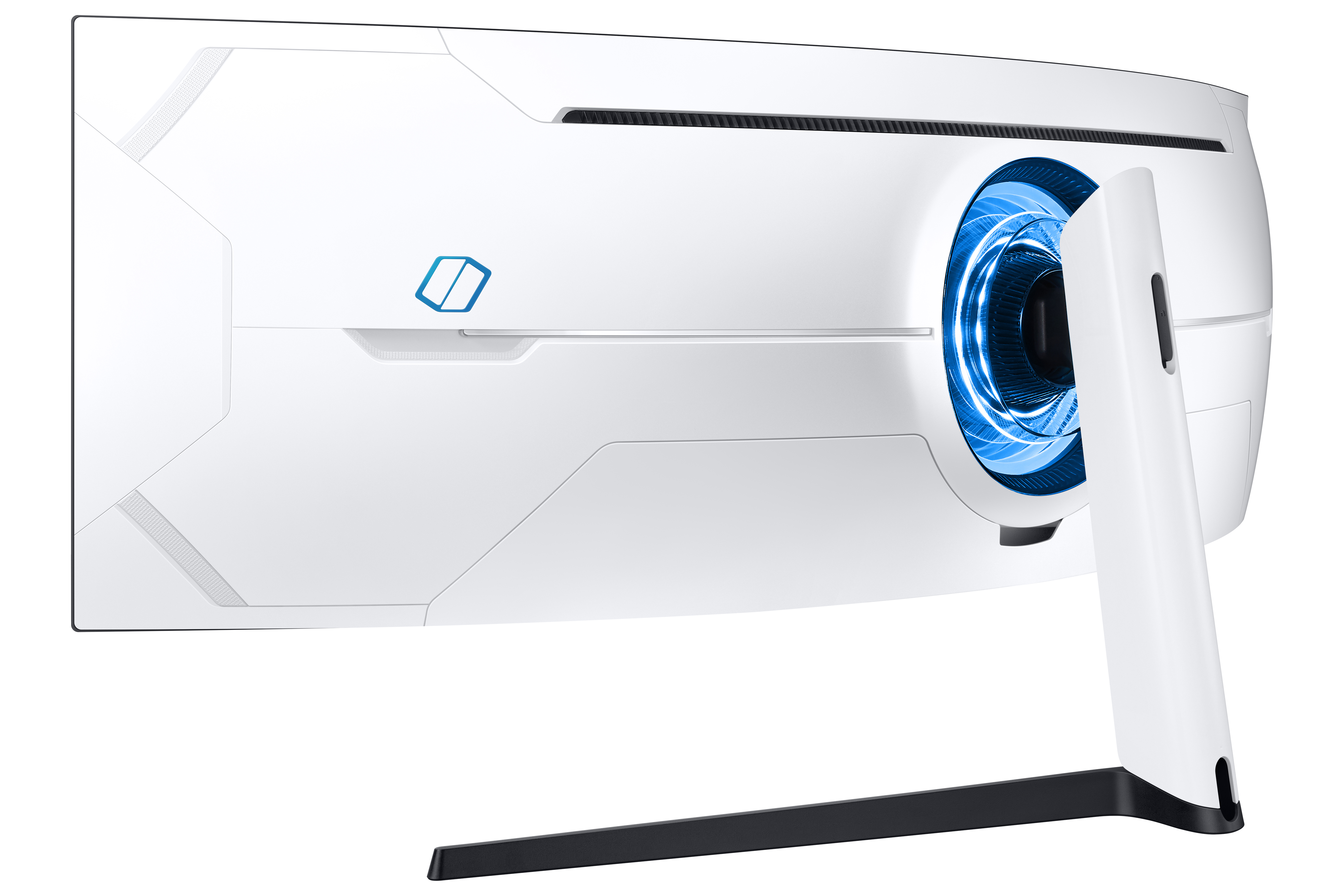 Weißer, geschwungener Samsung-Monitor mit blauem Licht auf der Rückseite und Ständer.