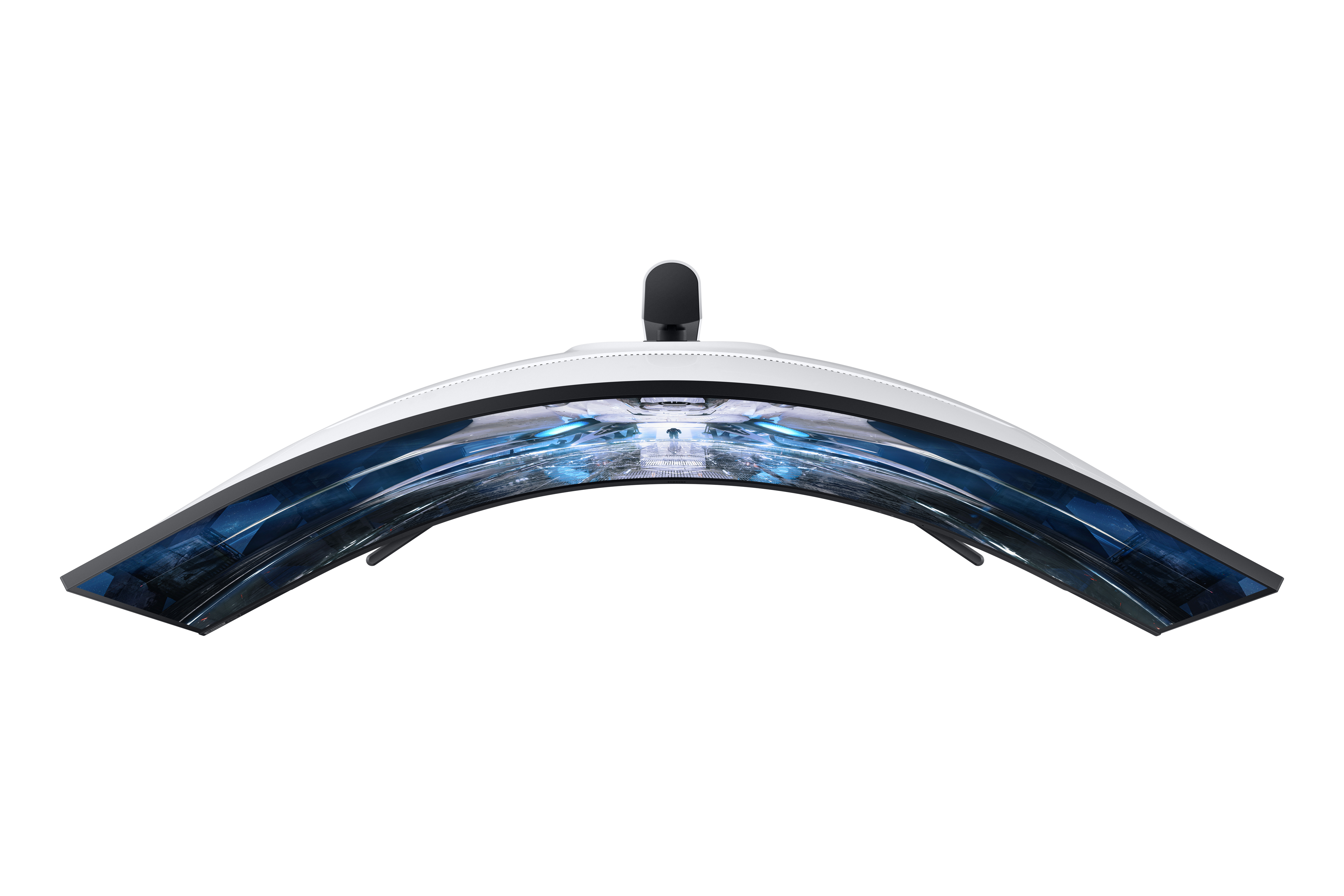 Gebogener Computermonitor. Der Bildschirm zeigt ein futuristisches, blau-weißes Grafikdesign.