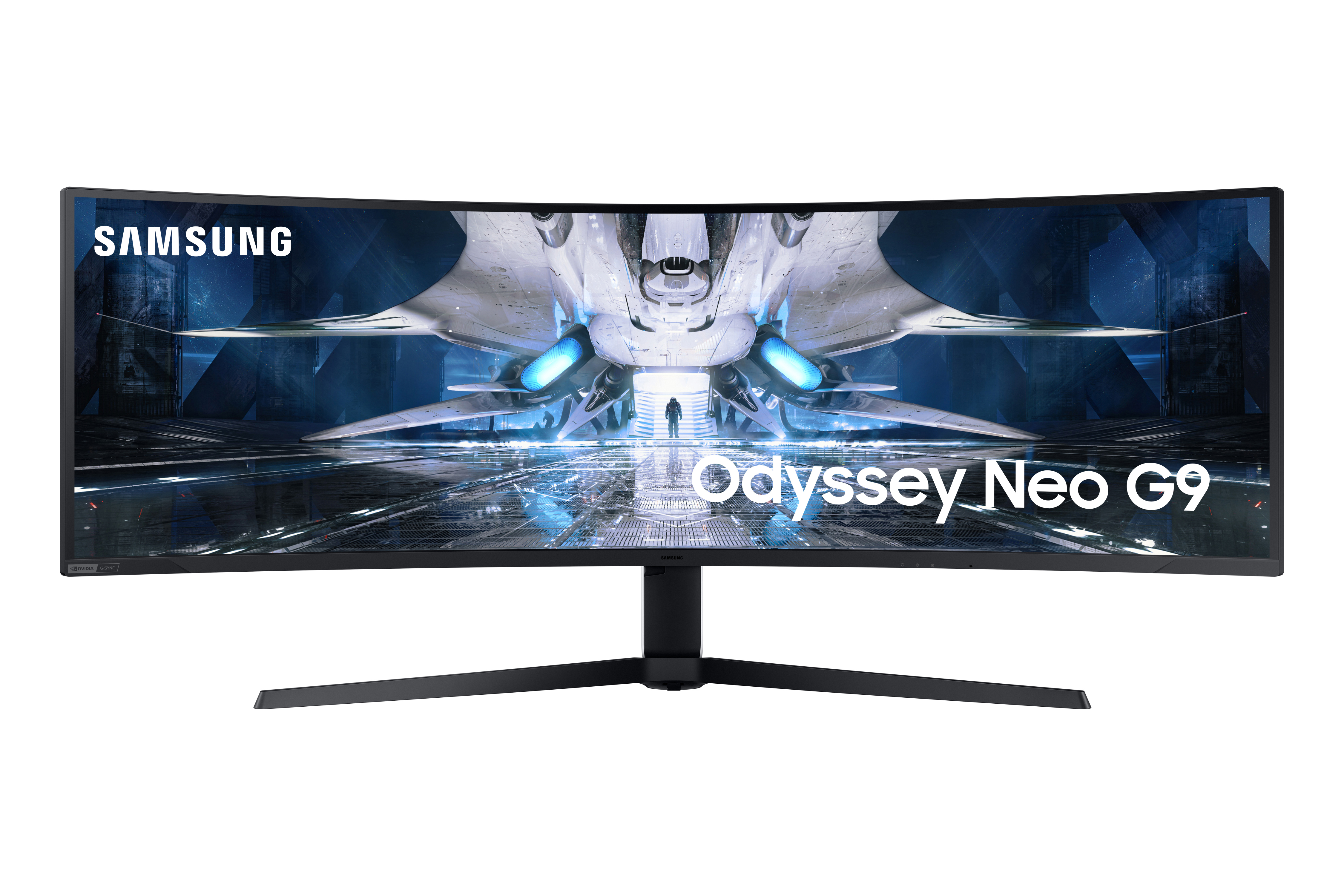 Gebogener Computermonitor: Samsung Odyssey Neo G9, mit Raumschiff-Grafik.