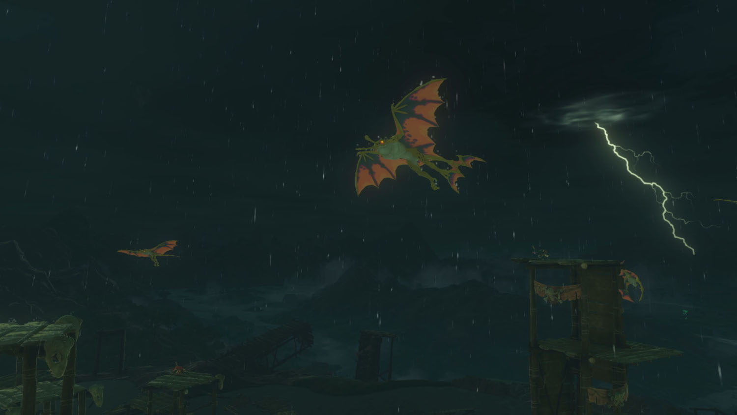 Een duistere fantasie-scène met draken die vliegen tijdens een storm met bliksem en een houten structuur.