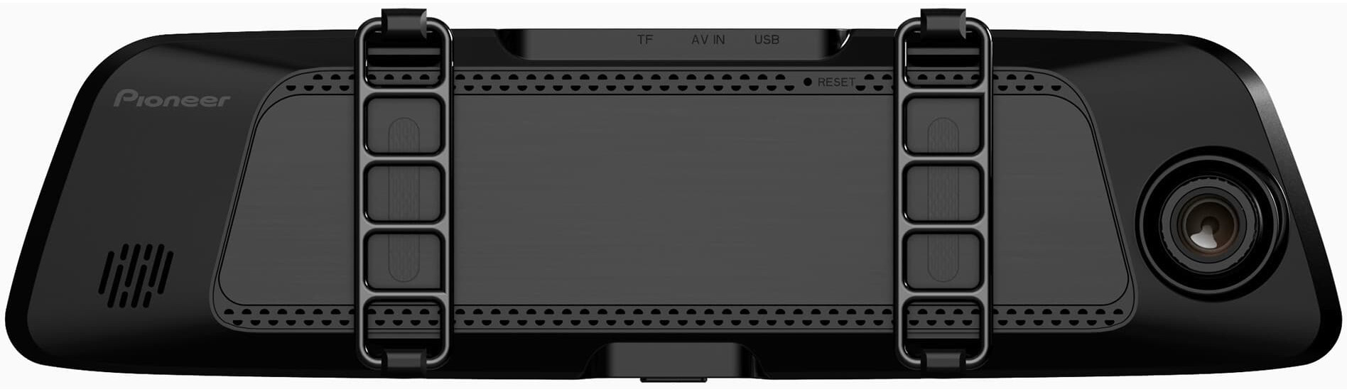 Fekete autó visszapillantó tükör képernyővel és kamerával, TF, AV IN, USB és RESET feliratokkal.